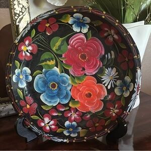 Vintage Mexican Batea Hand Painted Tole Tray Wood Folk Art Bowl Colorful Floral